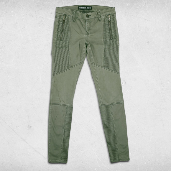 Express Stella Moto Leggings Womens 0 Green Zip Pockets Low Rise Boho Biker Y2K - Picture 1 of 12